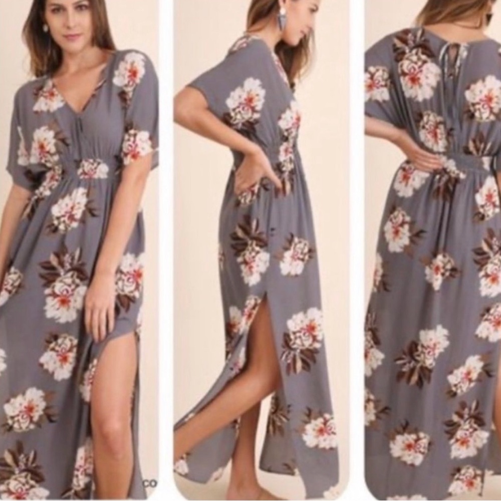 Umgee Gray Floral Print Maxi Dress